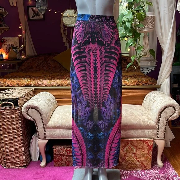 Vintage Lip Service Pink & Purple Cyber Alien Skeleton Mesh Maxi Skirt - Picture 1 of 5